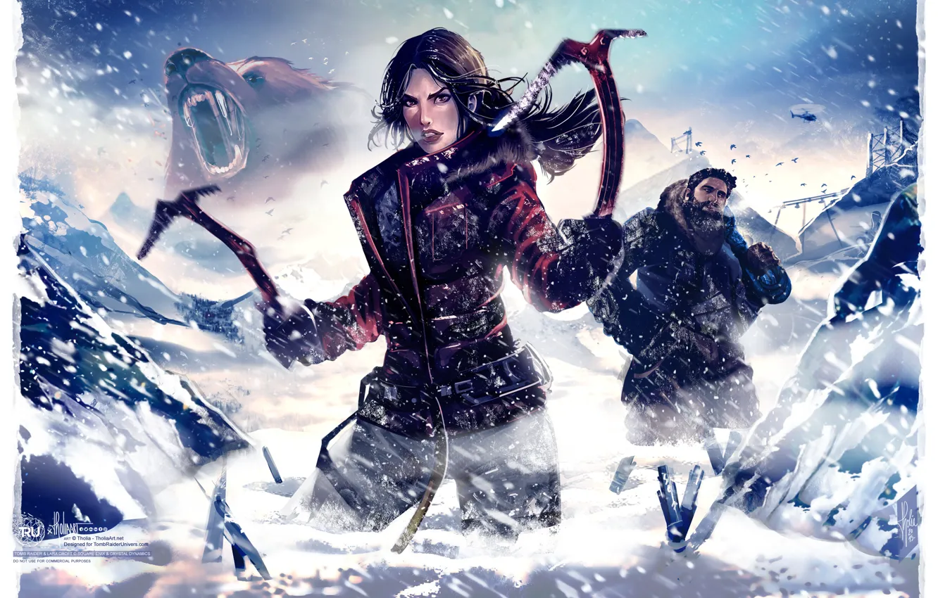 Photo wallpaper winter, girl, snow, bear, art, Tomb Raider, Lara Croft