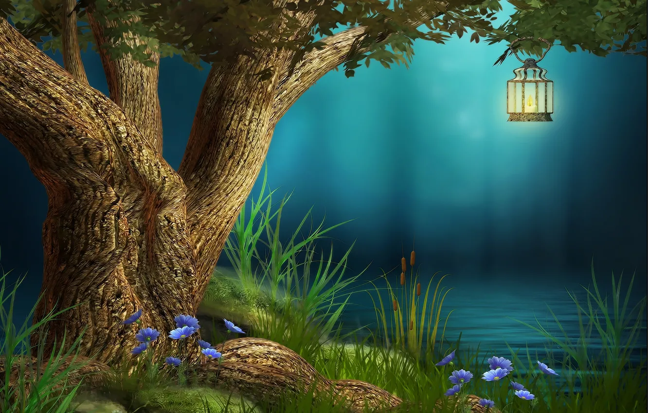 Photo wallpaper flowers, river, tree, the evening, lantern