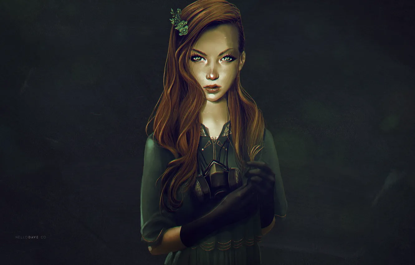Photo wallpaper look, face, dress, art, gas mask, red hair
