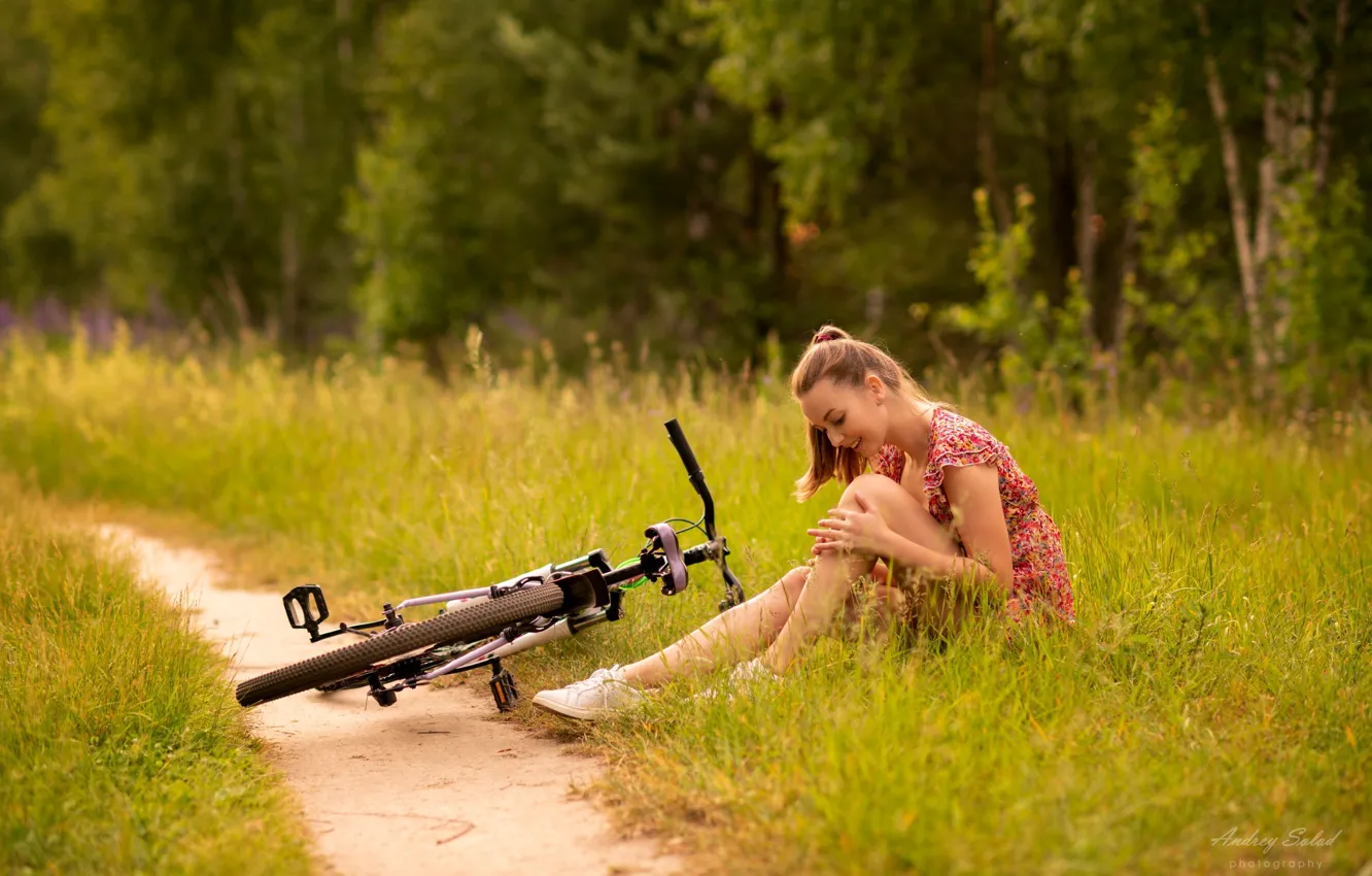 Photo wallpaper grass, bicycle, road, trees, field, nature, model, women