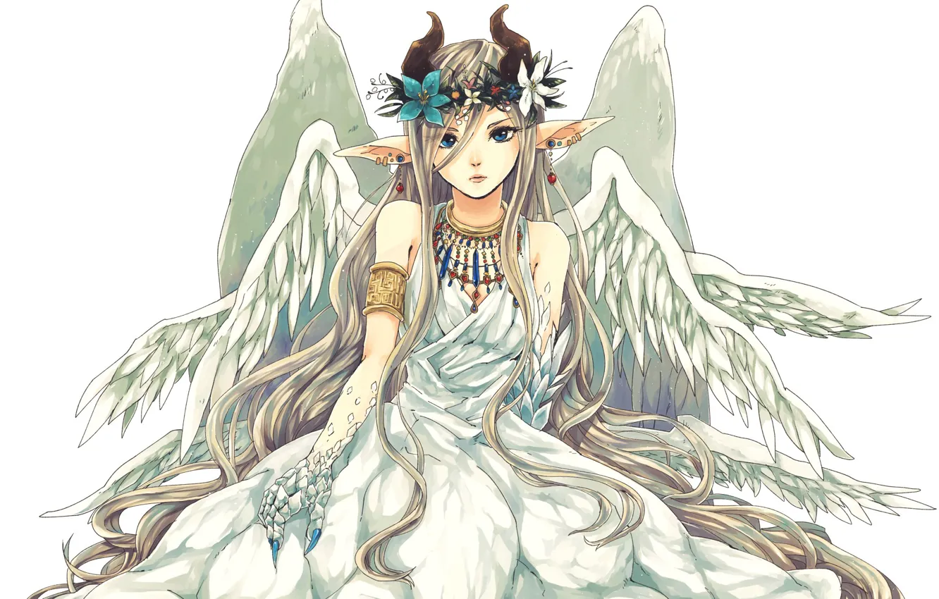 Photo wallpaper girl, fantasy, horns, dress, anime, wings, blue eyes, Angel