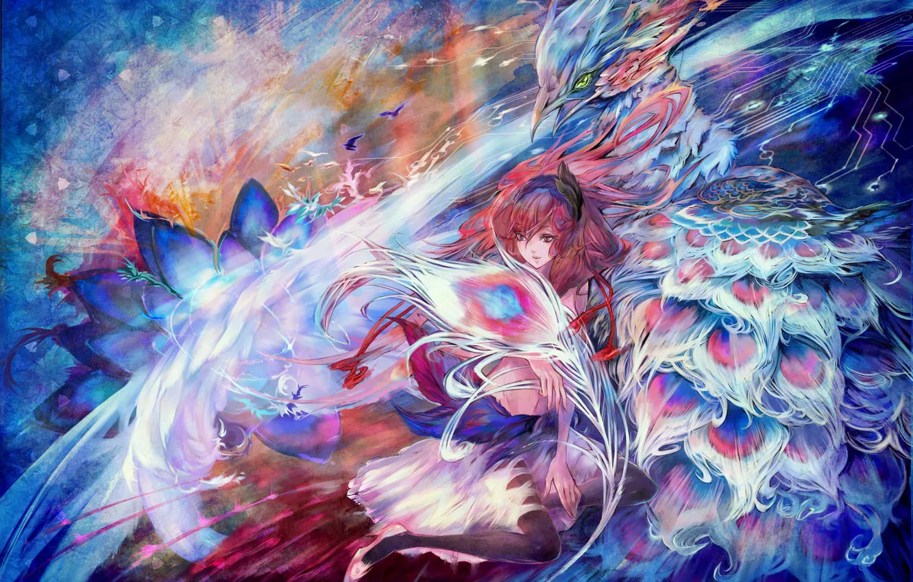 Photo wallpaper girl, abstraction, bird, feathers, art, ic-kaname