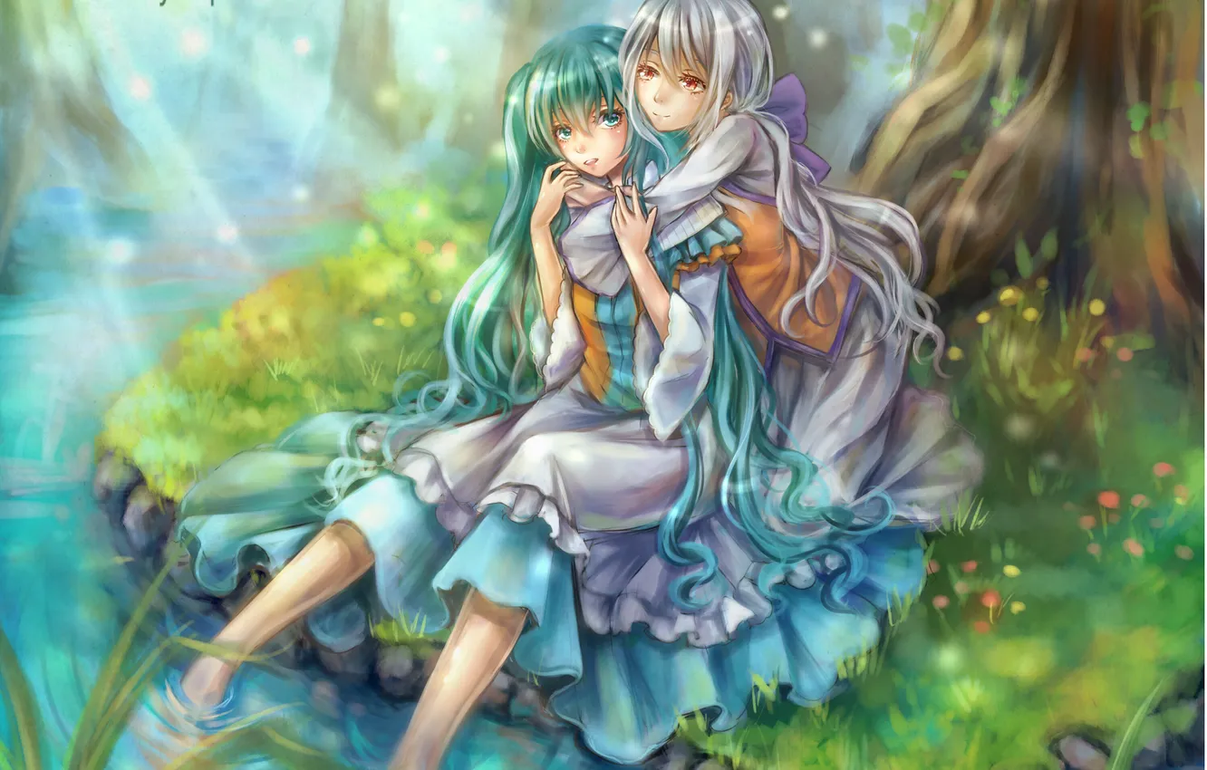 Photo wallpaper girl, smile, mood, hugs, river, vocaloid, hatsune miku, Vocaloid