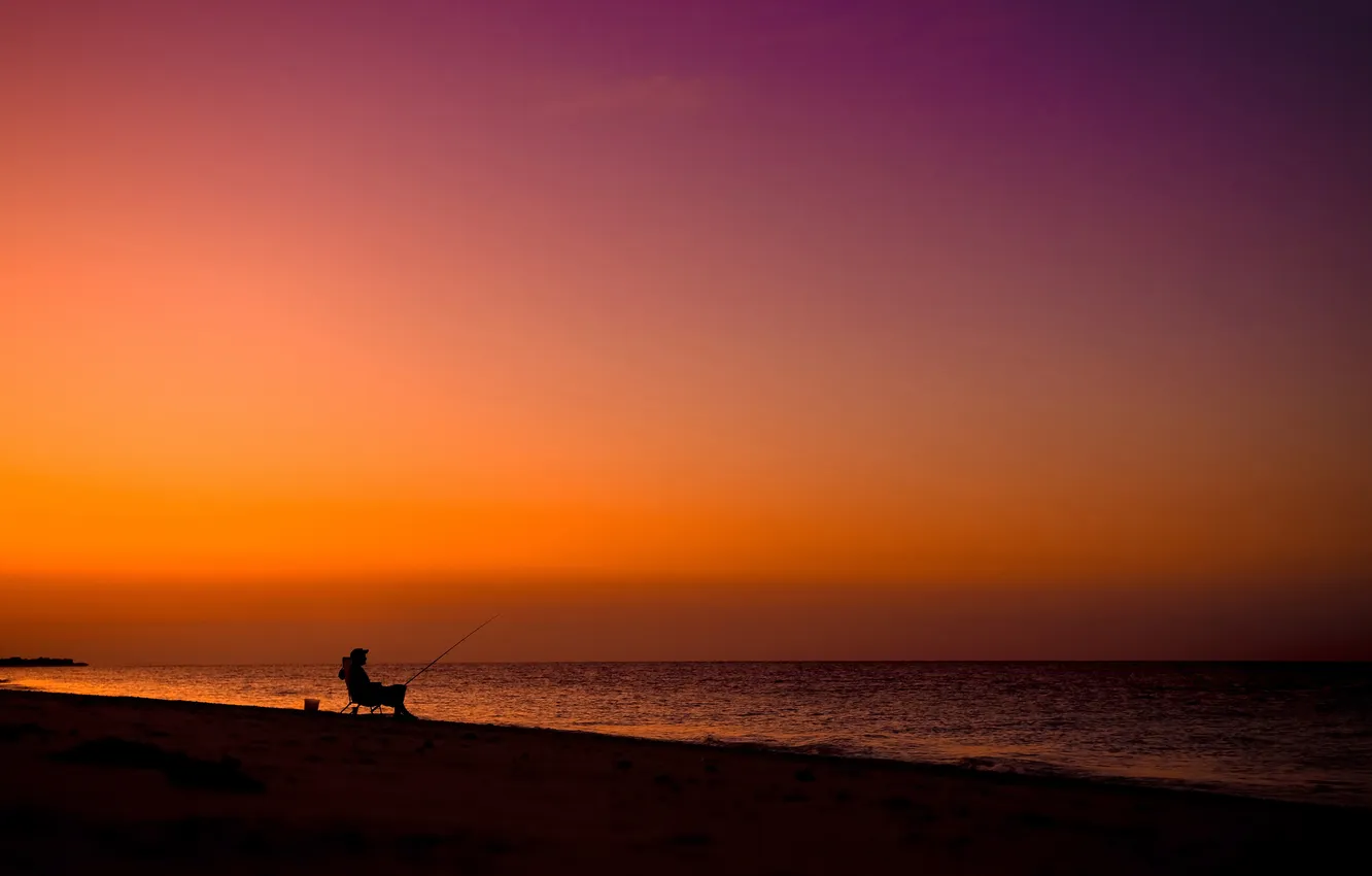 Photo wallpaper sand, sea, the sky, sunset, the ocean, shore, fisherman, horizon