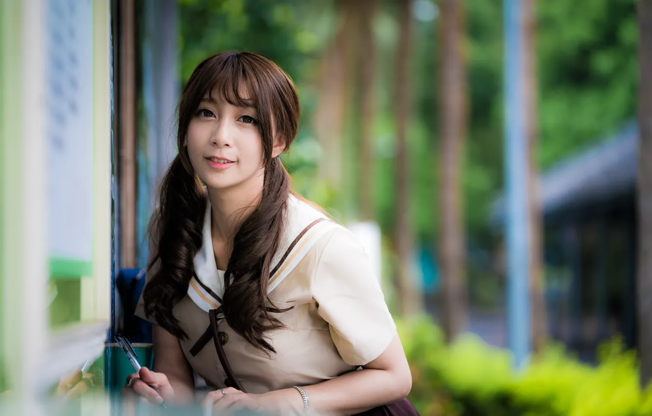 Photo wallpaper girl, Asian, cutie, ponytail, bokeh