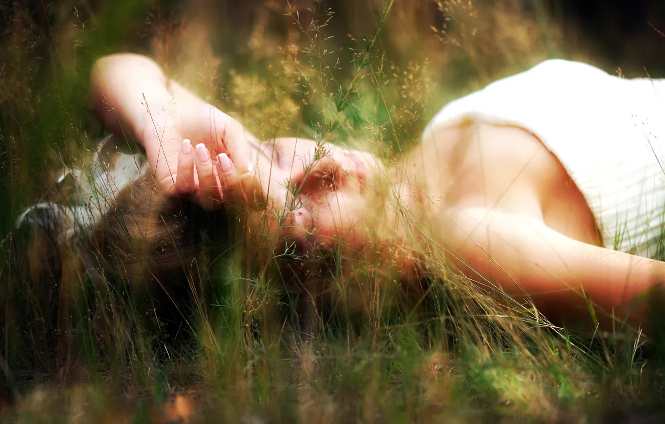 Photo wallpaper grass, girl, nature, green, brown hair