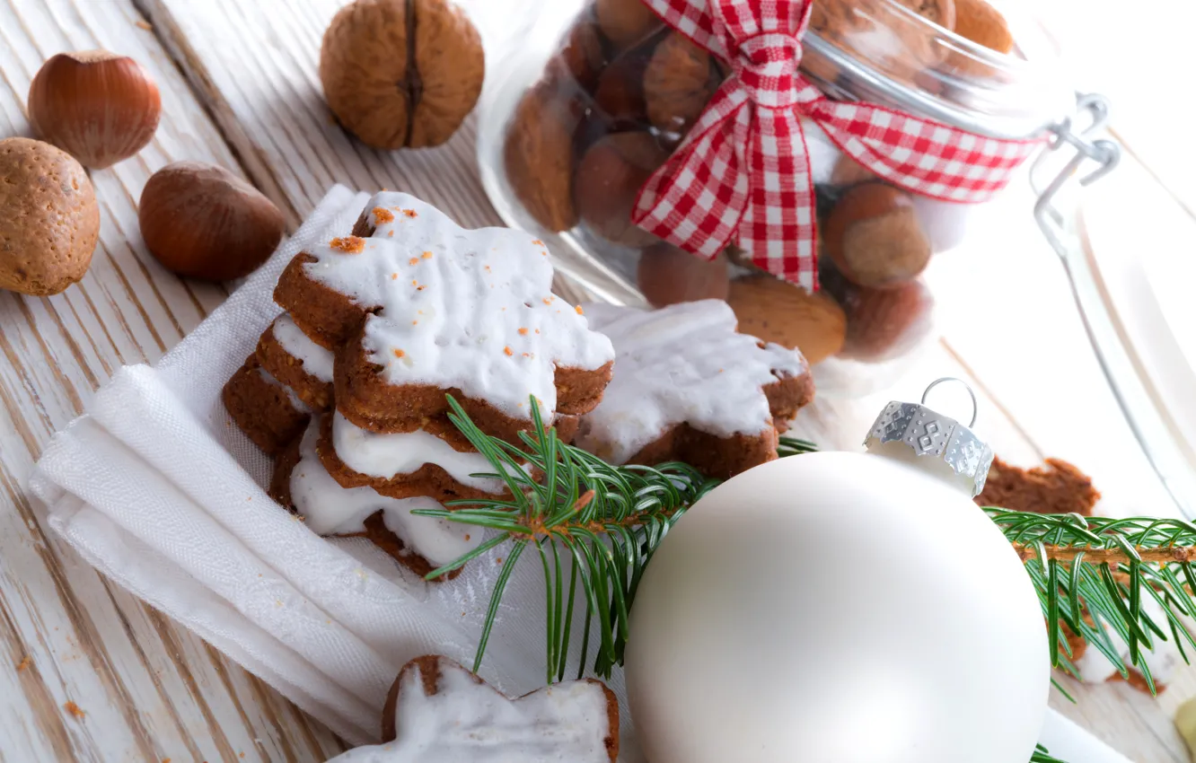 Photo wallpaper winter, white, balls, holiday, food, cookies, nuts, stars
