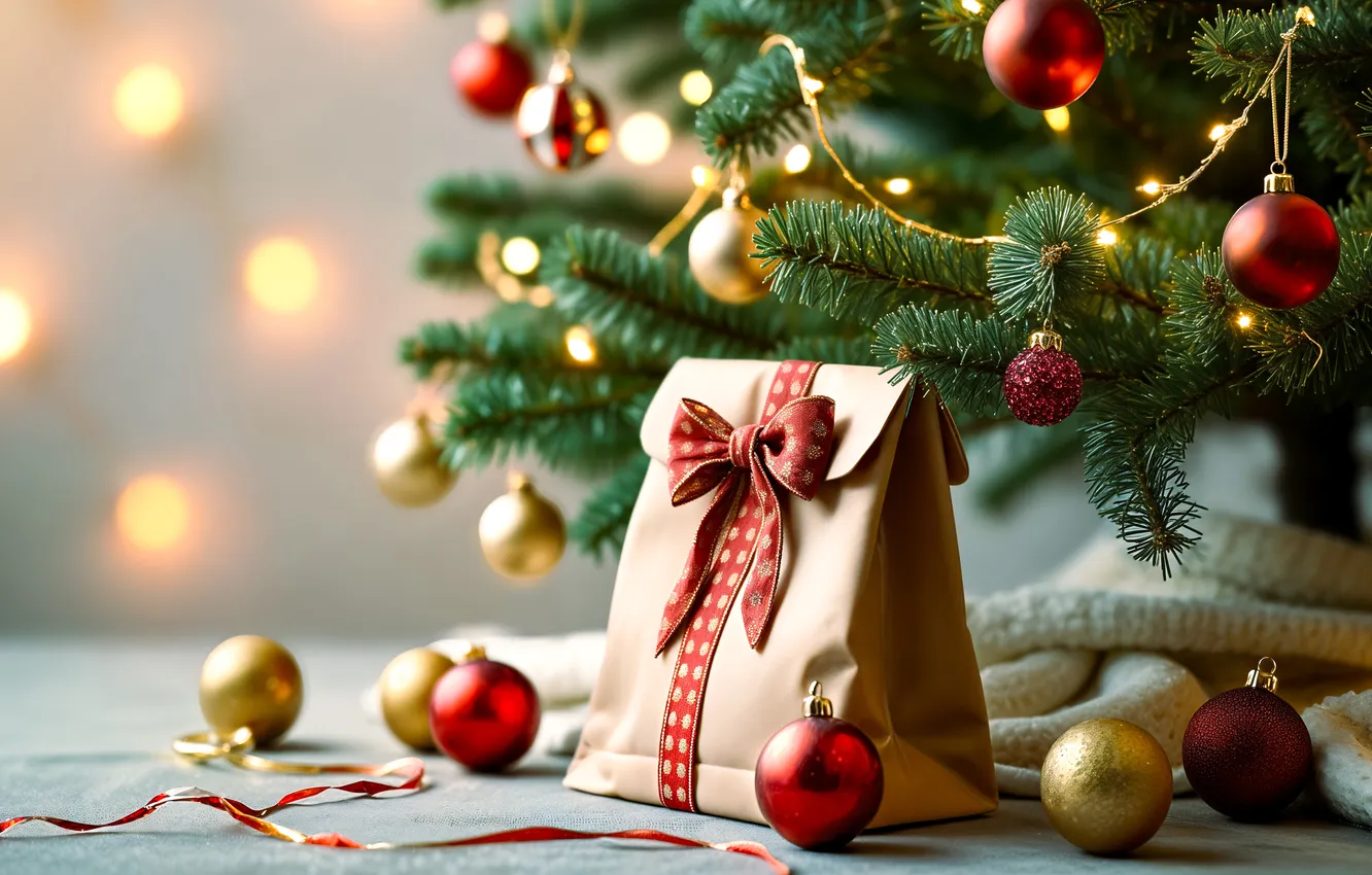 Photo wallpaper balls, branches, red, lights, gift, new year, package, Christmas