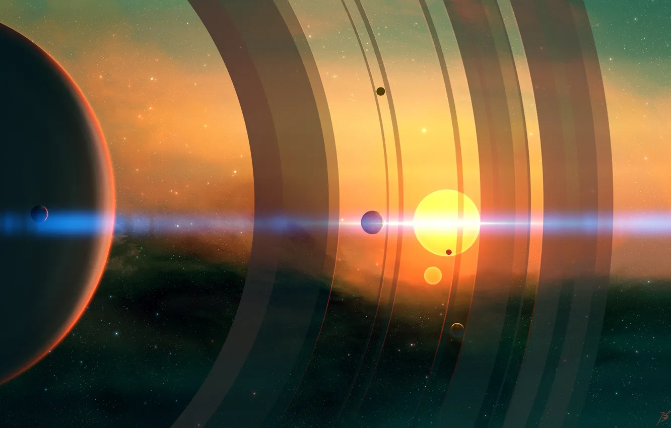 Photo wallpaper the sun, space, stars, nebula, glare, fiction, planet, satellite