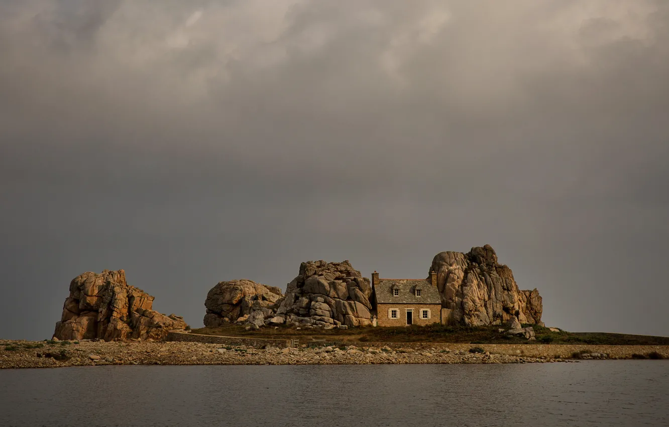 Photo wallpaper the sky, clouds, house, rocks, France, Brittany, The Castel Meur