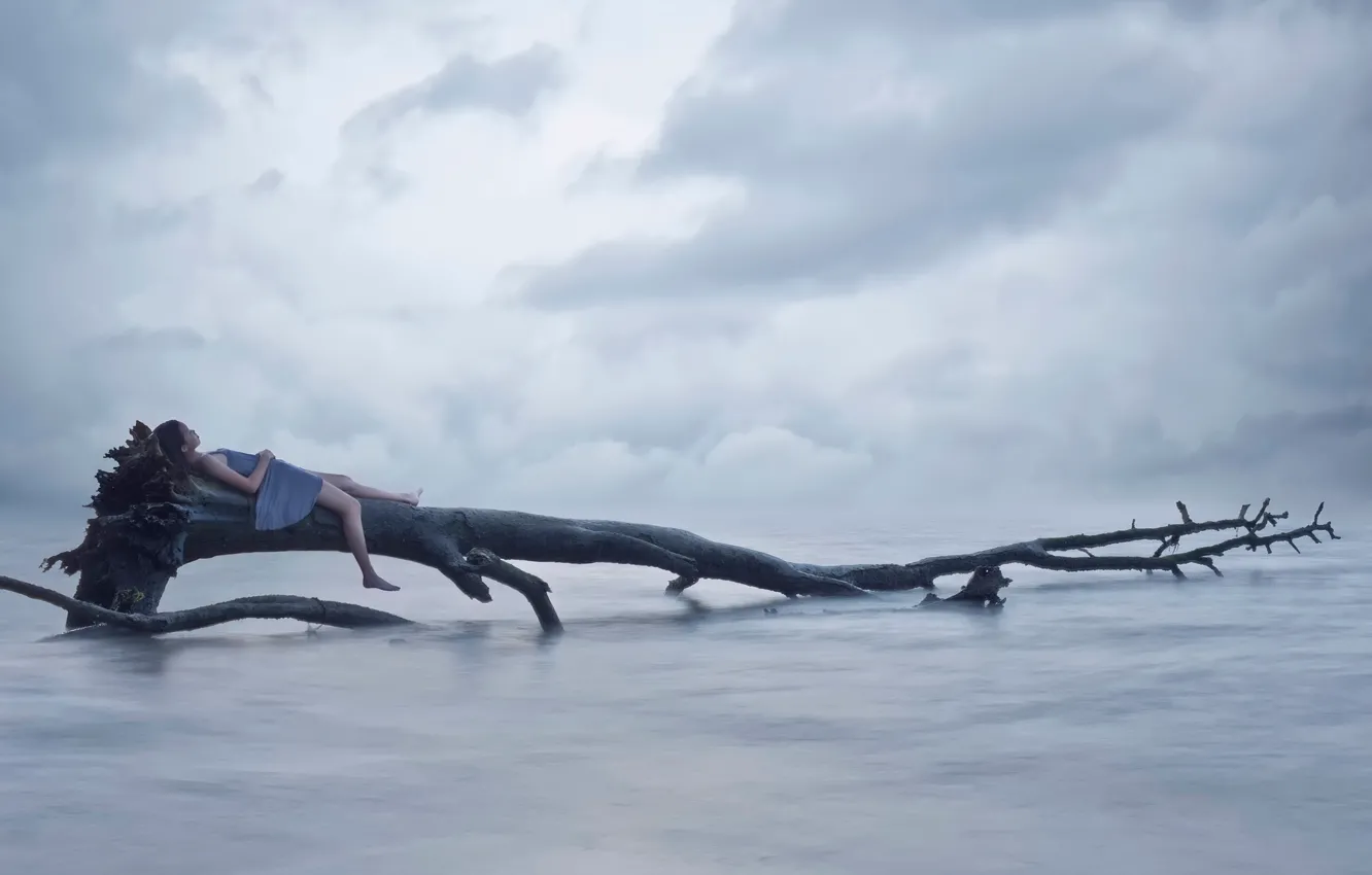 Photo wallpaper sea, girl, trees, haze, Kylie Woon