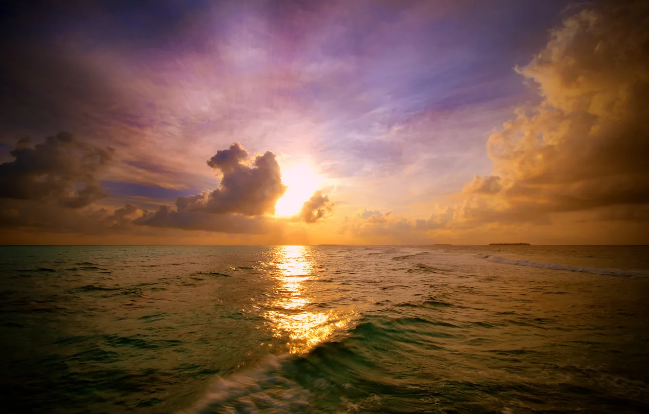 Photo wallpaper The sun, The sky, Clouds, Reflection, Sea, Wave, Light, Rays