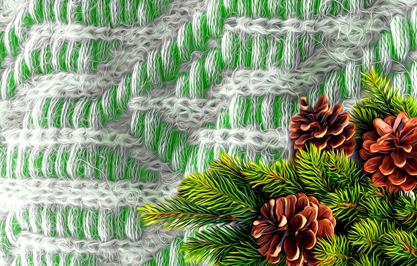 Photo wallpaper rendering, background, picture, bumps, spruce branch, knitted plaid