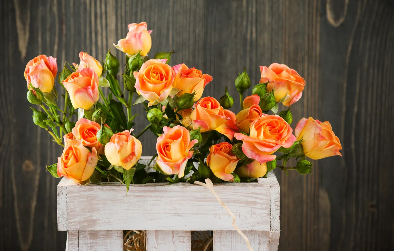 Photo wallpaper orange, roses, bouquet, box, THE OFF