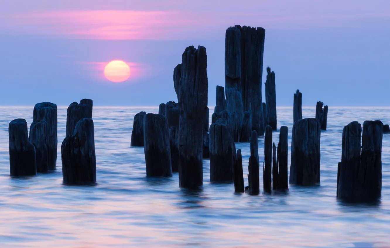 Photo wallpaper sea, sunset, ruins of the pier