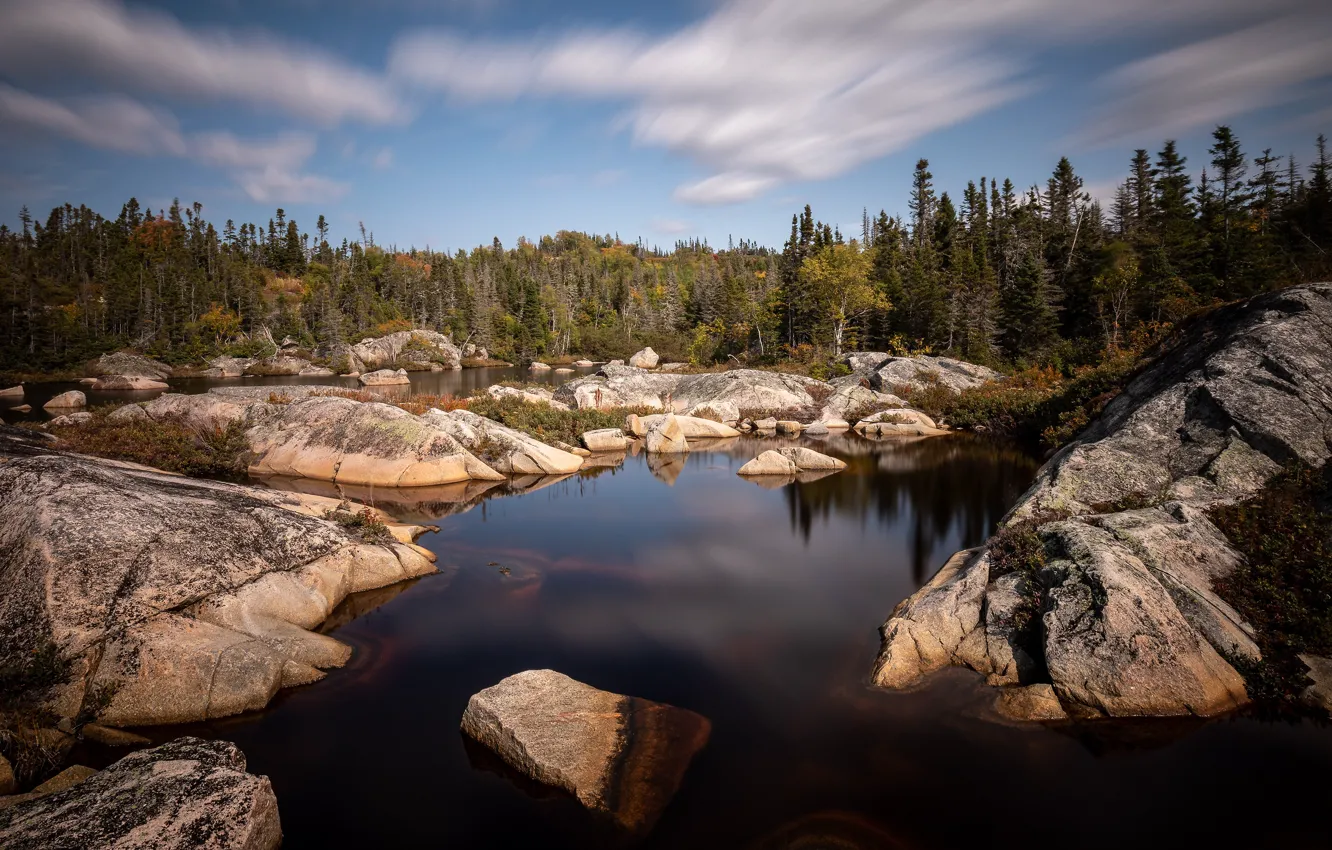 Photo wallpaper autumn, forest, the sky, water, clouds, nature, lake, stones