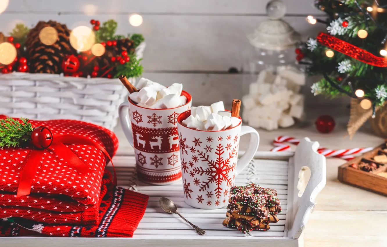 Photo wallpaper winter, mug, cinnamon, sweater, tray, marshmallows, goache chocolate