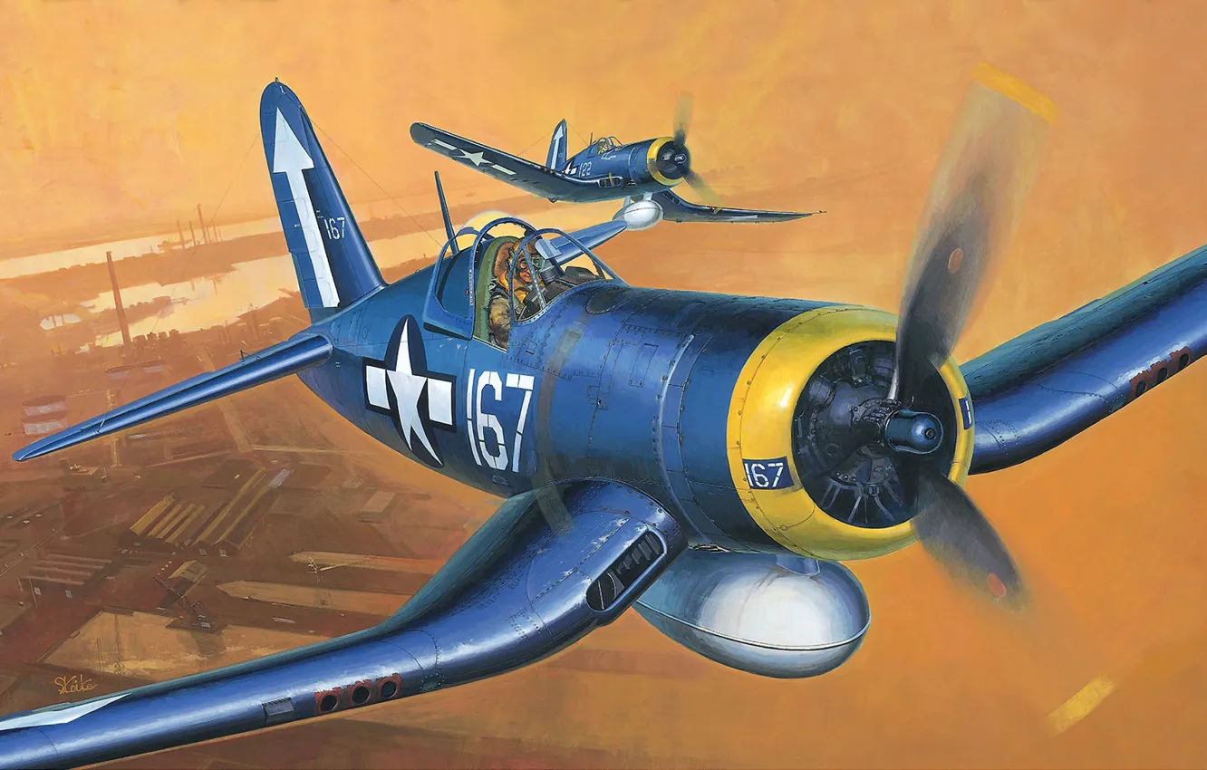 Photo wallpaper fighter, art, USA, the plane, BBC, Corsair, deck, WW2.
