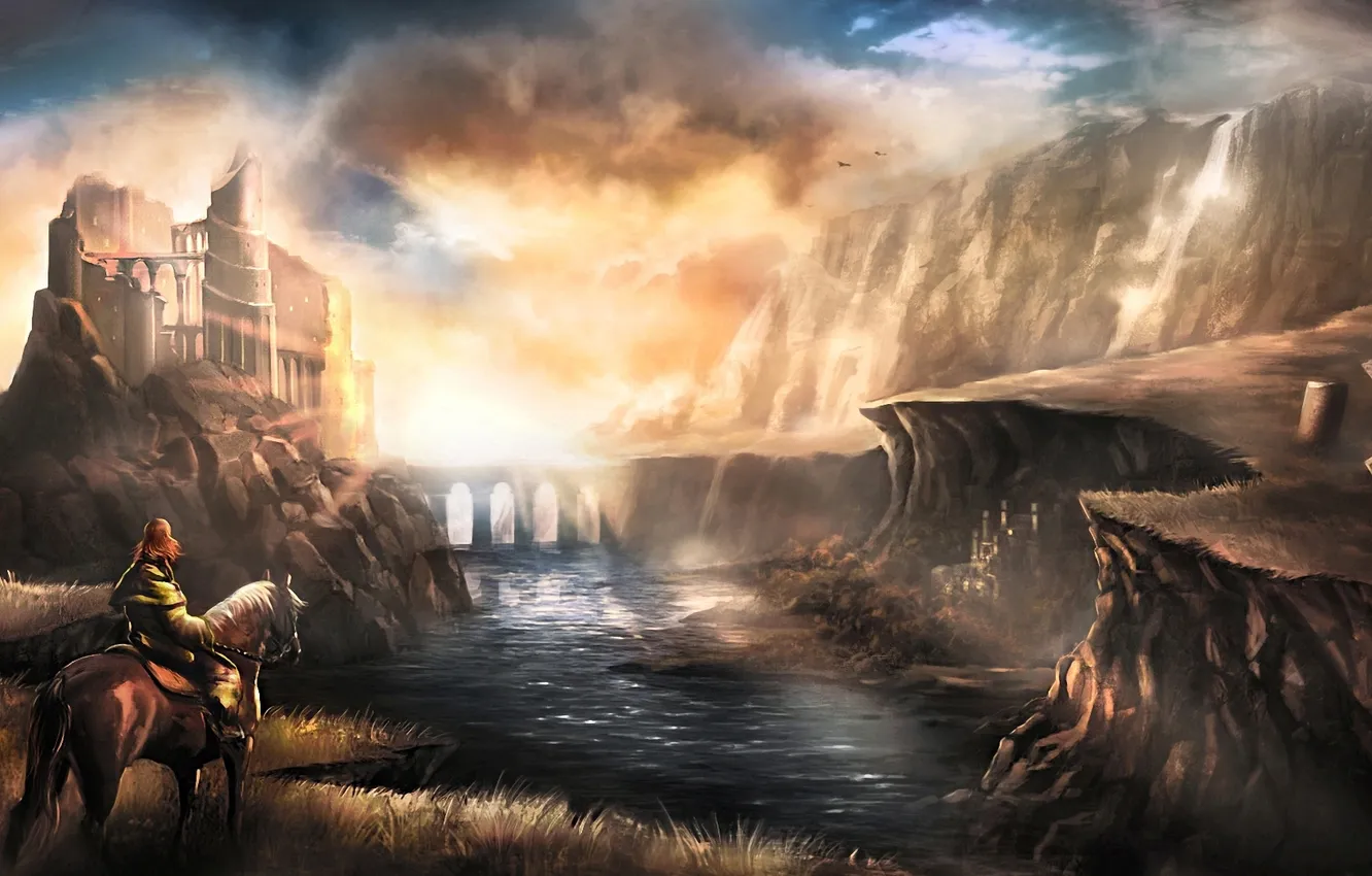 Photo wallpaper the wreckage, water, girl, clouds, sunset, bridge, lake, river