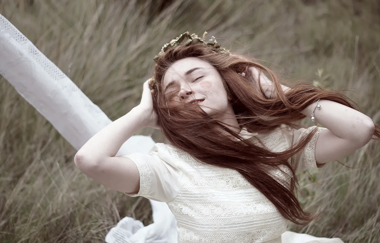 Photo wallpaper grass, leaves, girl, the wind, brown hair