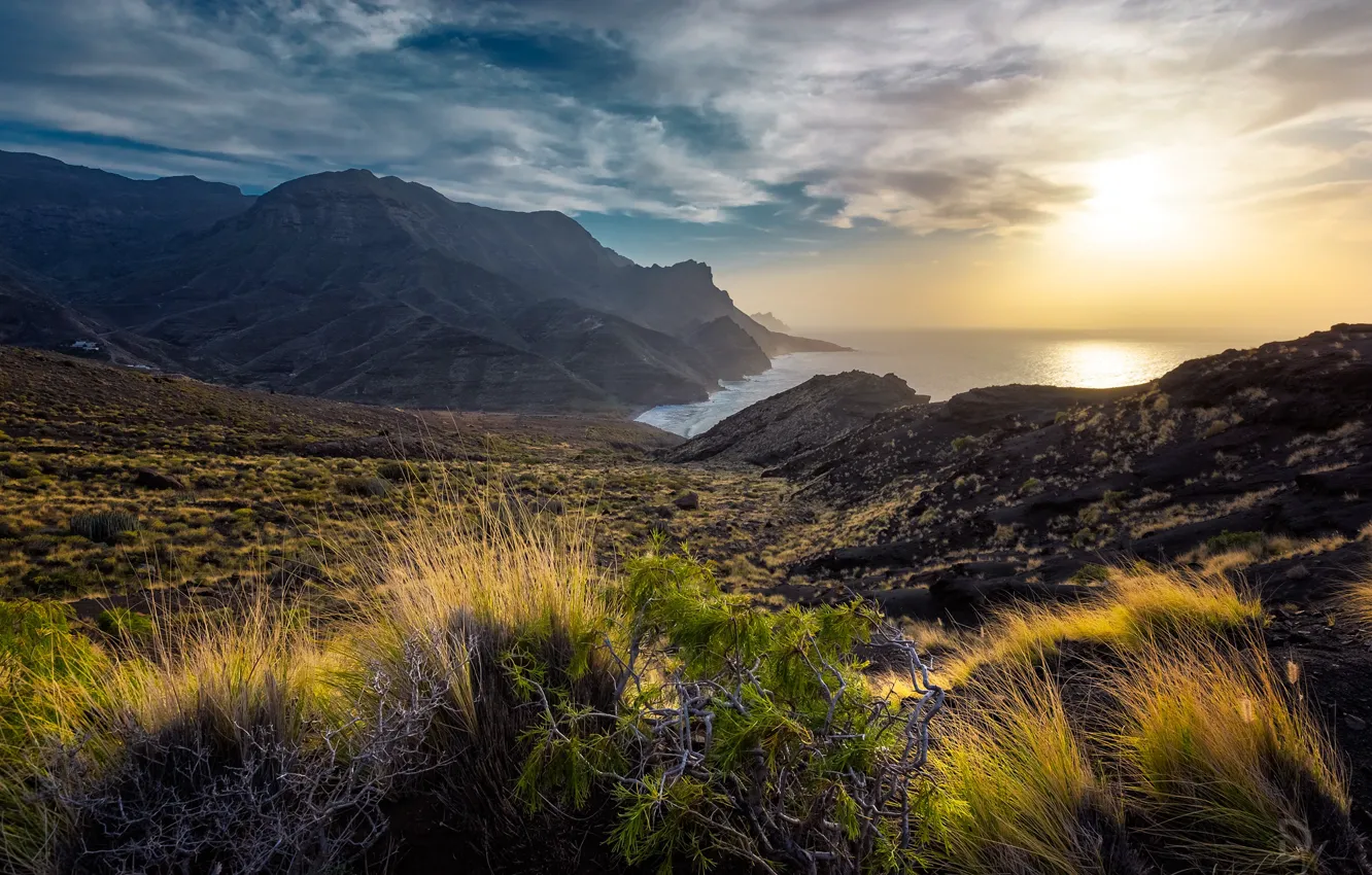 Photo wallpaper grass, landscape, sunset, mountains, nature, the ocean, coast, island