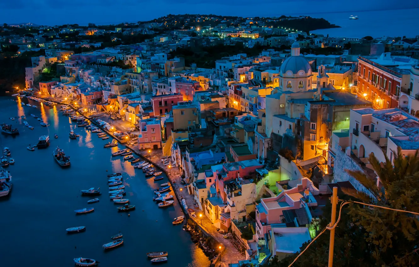 Photo wallpaper sea, night, lights, coast, boat, home, Italy, Procida Island
