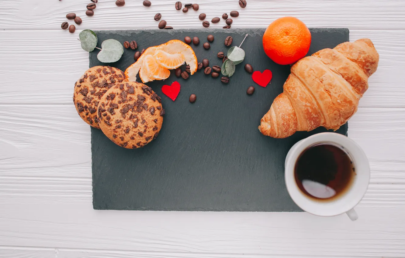 Photo wallpaper Coffee, citrus, Mandarin, coffee beans, Heart, Cookies, Croissant
