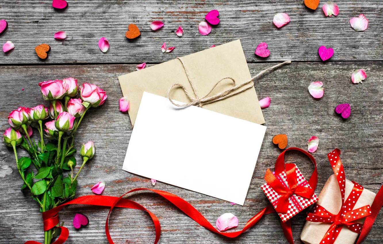 Photo wallpaper love, flowers, gift, roses, bouquet, petals, hearts, love