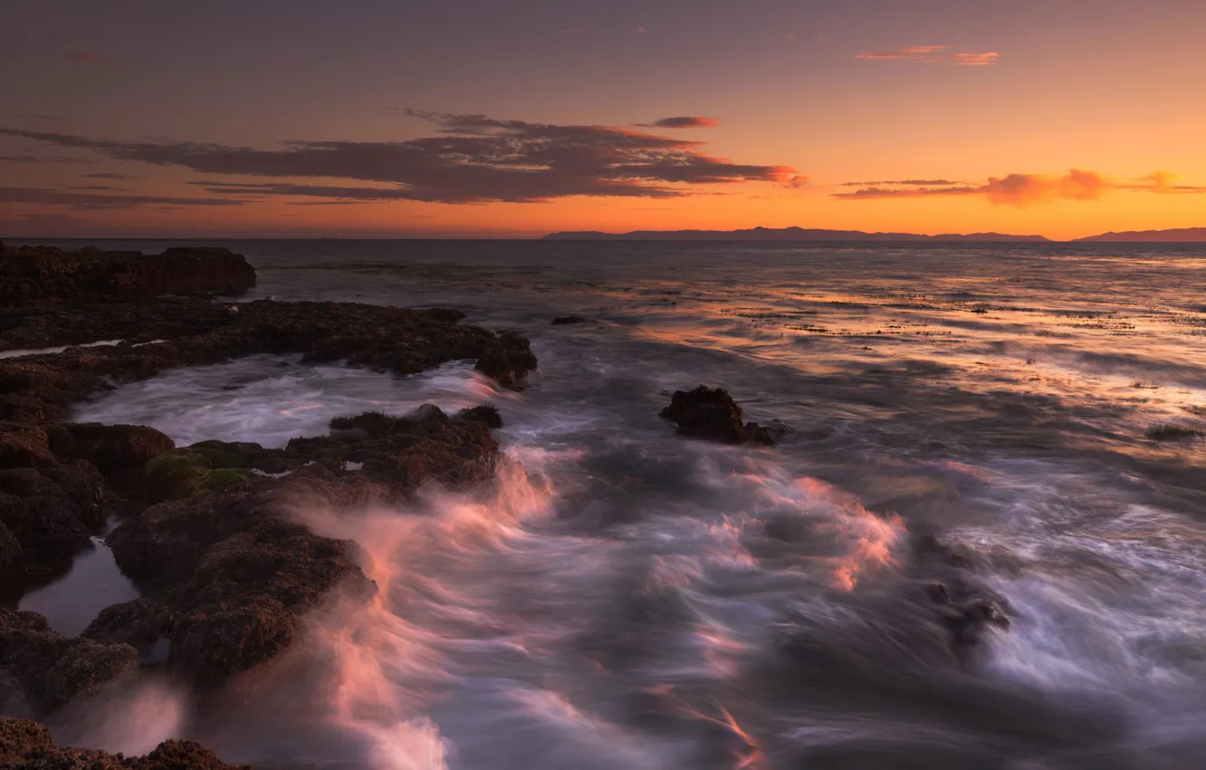 Photo wallpaper sea, wave, sunset, stones, shore