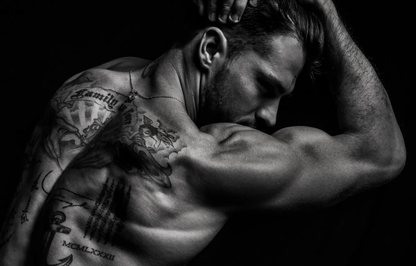 Photo wallpaper tattoo, black and white, male, torso