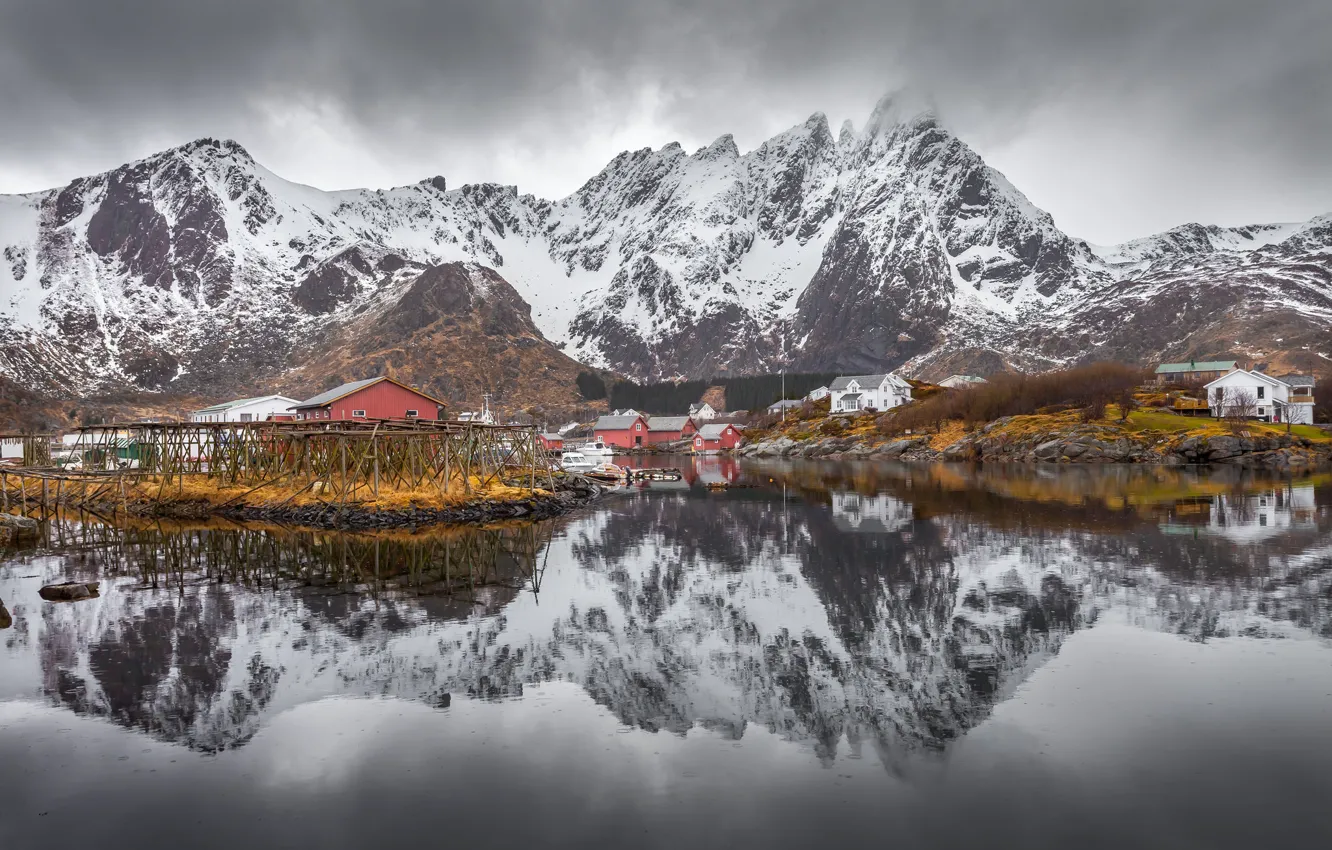 Photo wallpaper winter, the storm, clouds, snow, mountains, reflection, boats, village