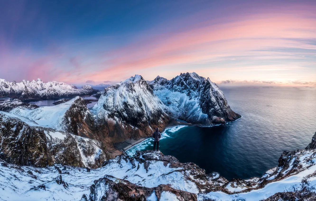 Photo wallpaper sea, the sky, water, clouds, snow, mountains, people, nature