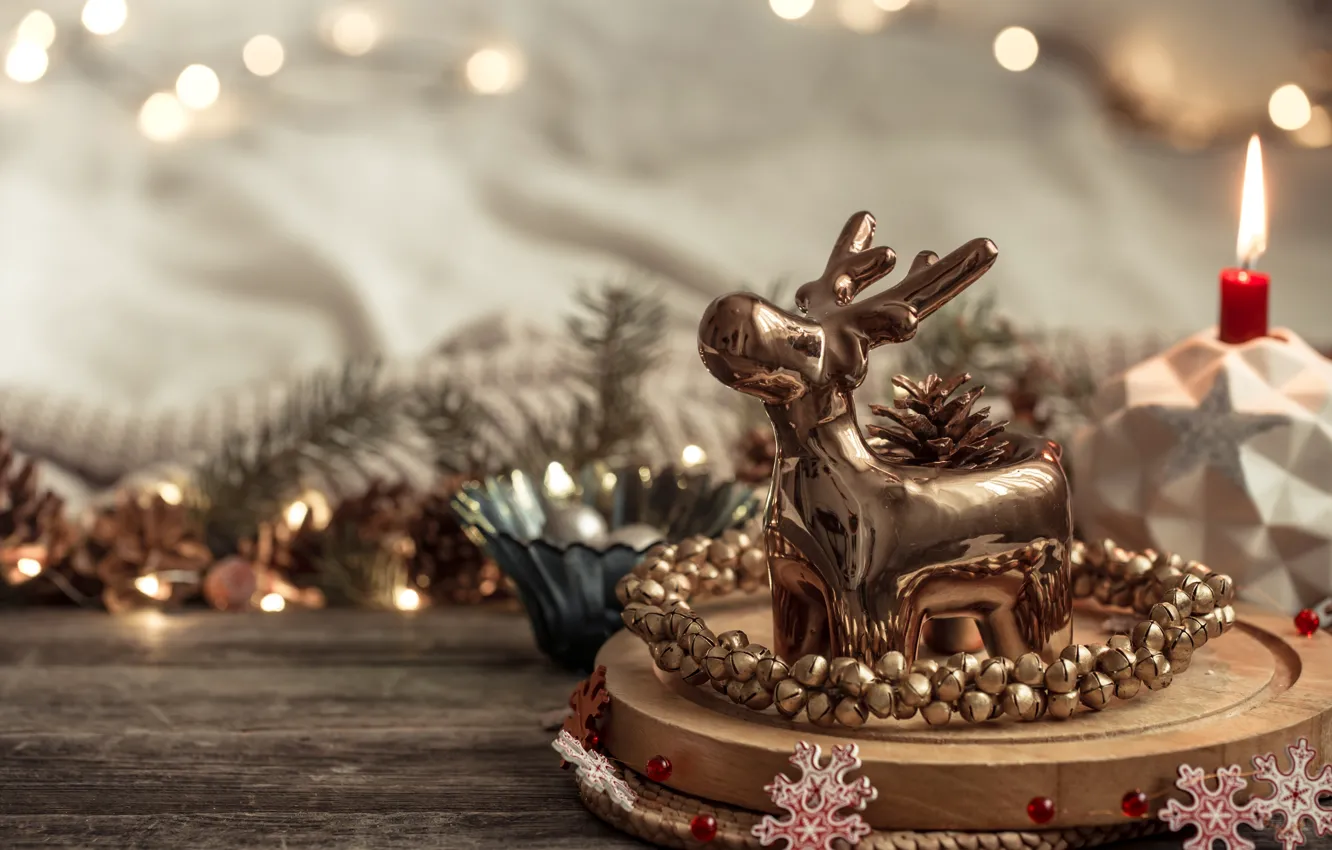 Photo wallpaper snowflakes, candle, deer, Christmas, New year, bump, decoration, bells