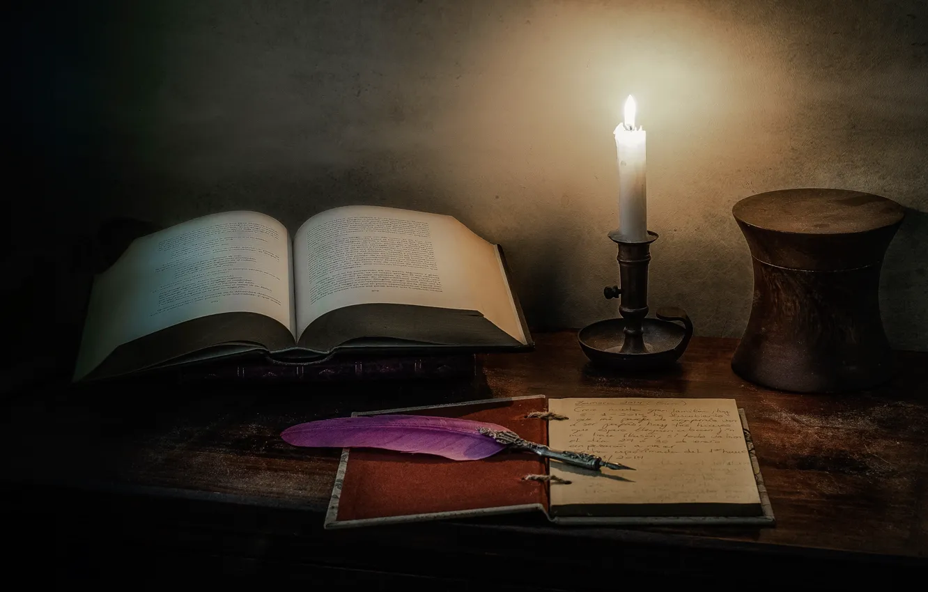 Photo wallpaper style, pen, candle, book, still life, notebook