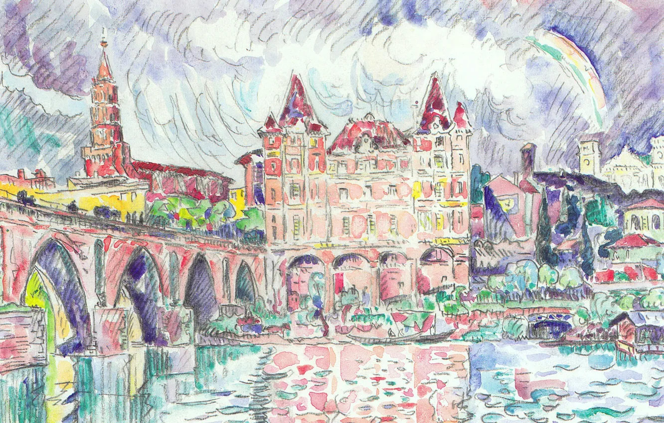 Photo wallpaper bridge, river, figure, home, watercolor, the urban landscape, Paul Signac, View of Montauban in the …