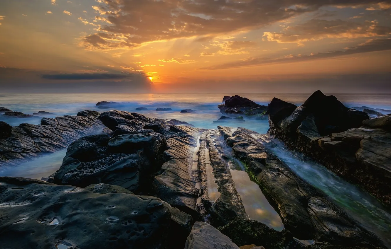 Photo wallpaper sea, the sky, the sun, clouds, sunset, nature, stones, rocks