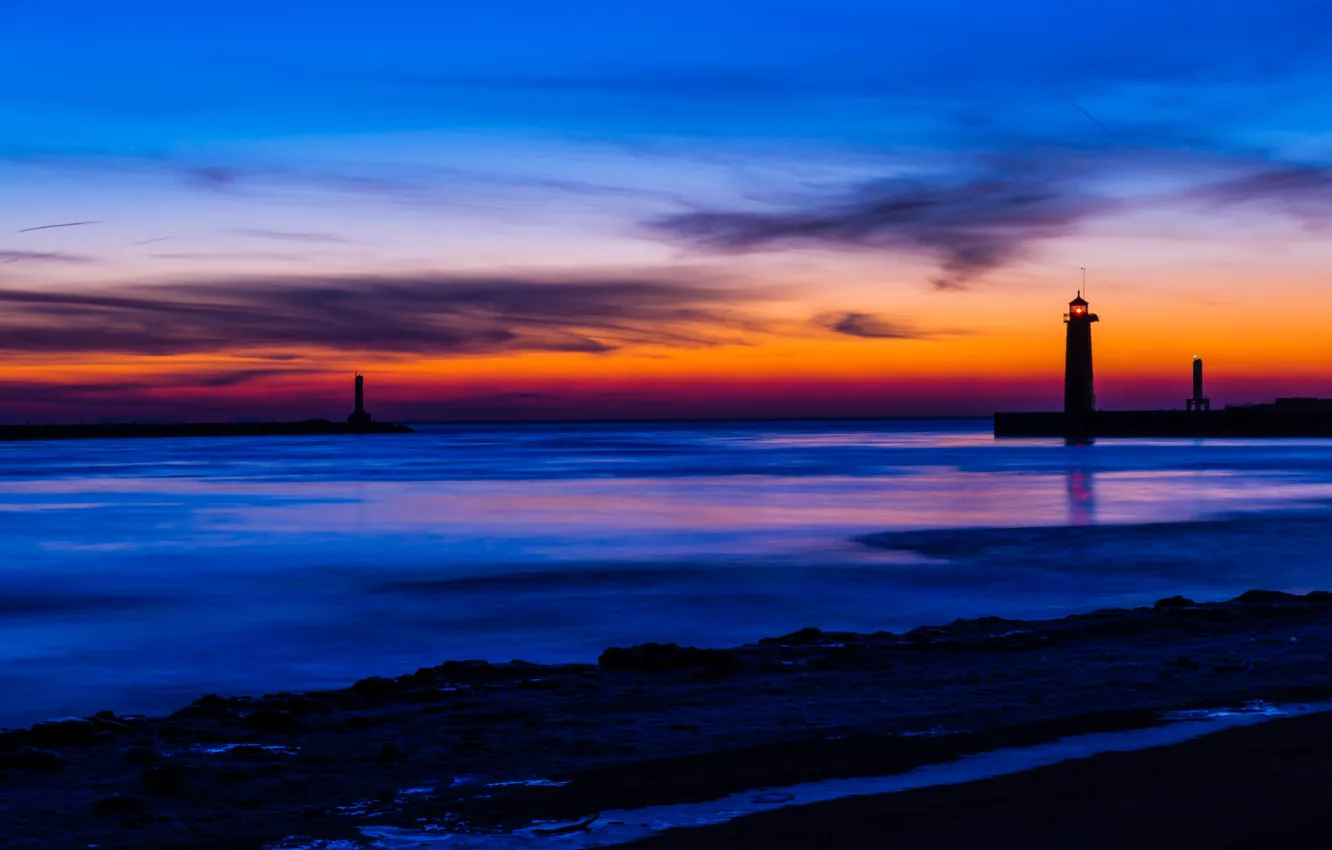 Photo wallpaper the sky, clouds, sunset, orange, blue, lake, shore, lighthouse