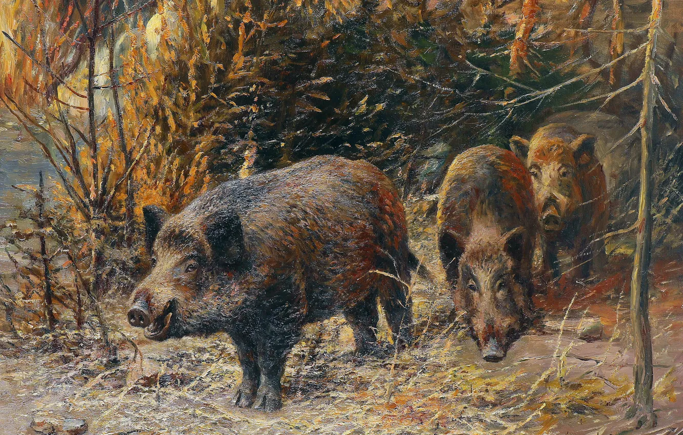 Photo wallpaper trees, picture, boar, German artist, Wilhelm Lorenz, Wild boars on the edge of the forest, …