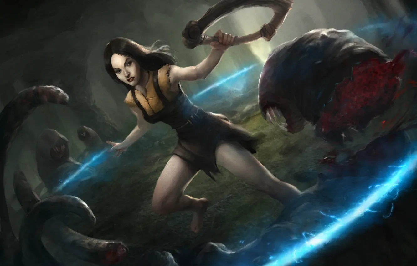 Photo wallpaper forest, girl, weapons, round, art, monsters, worms, Path of Exile