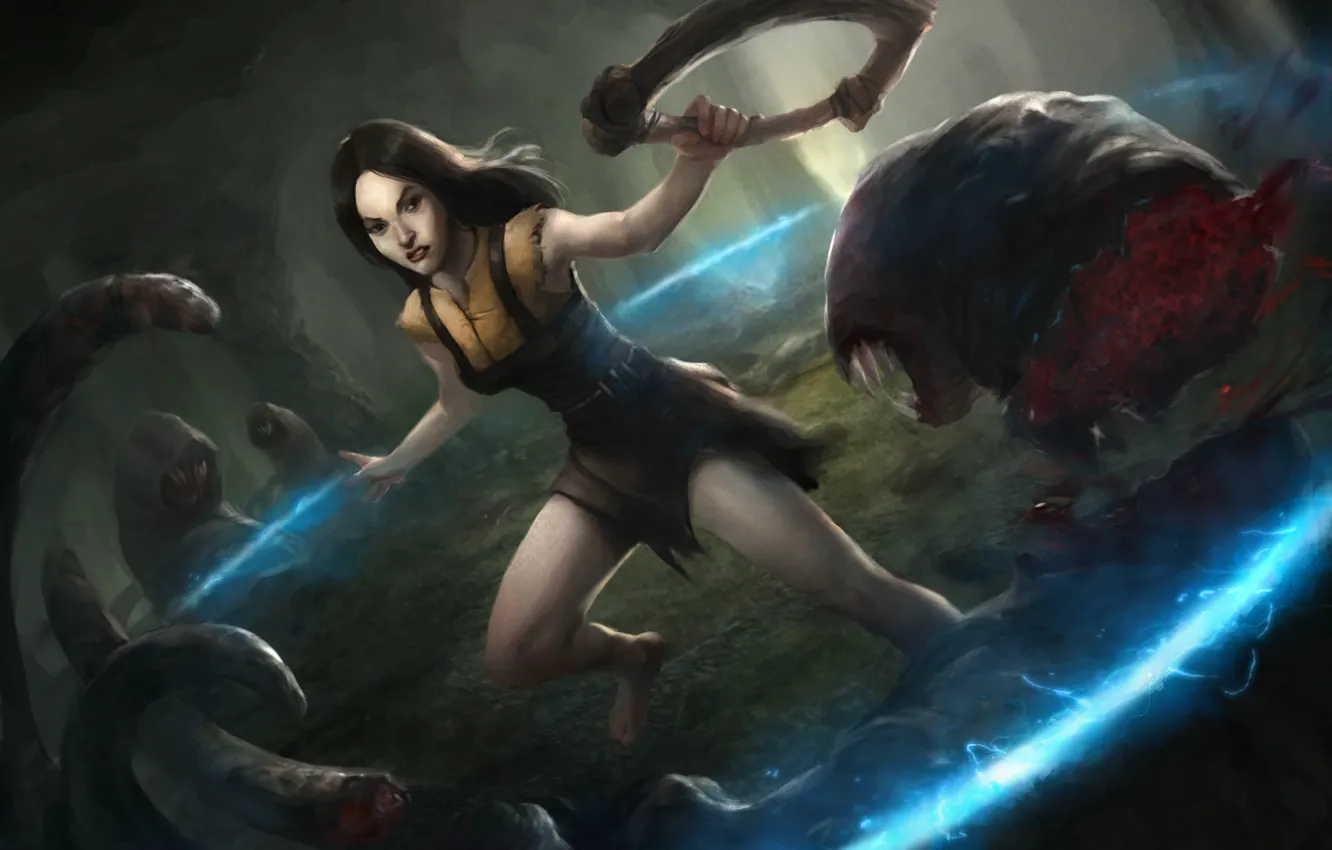 Photo wallpaper forest, girl, circles, weapons, monster, art, worms, Path of Exile