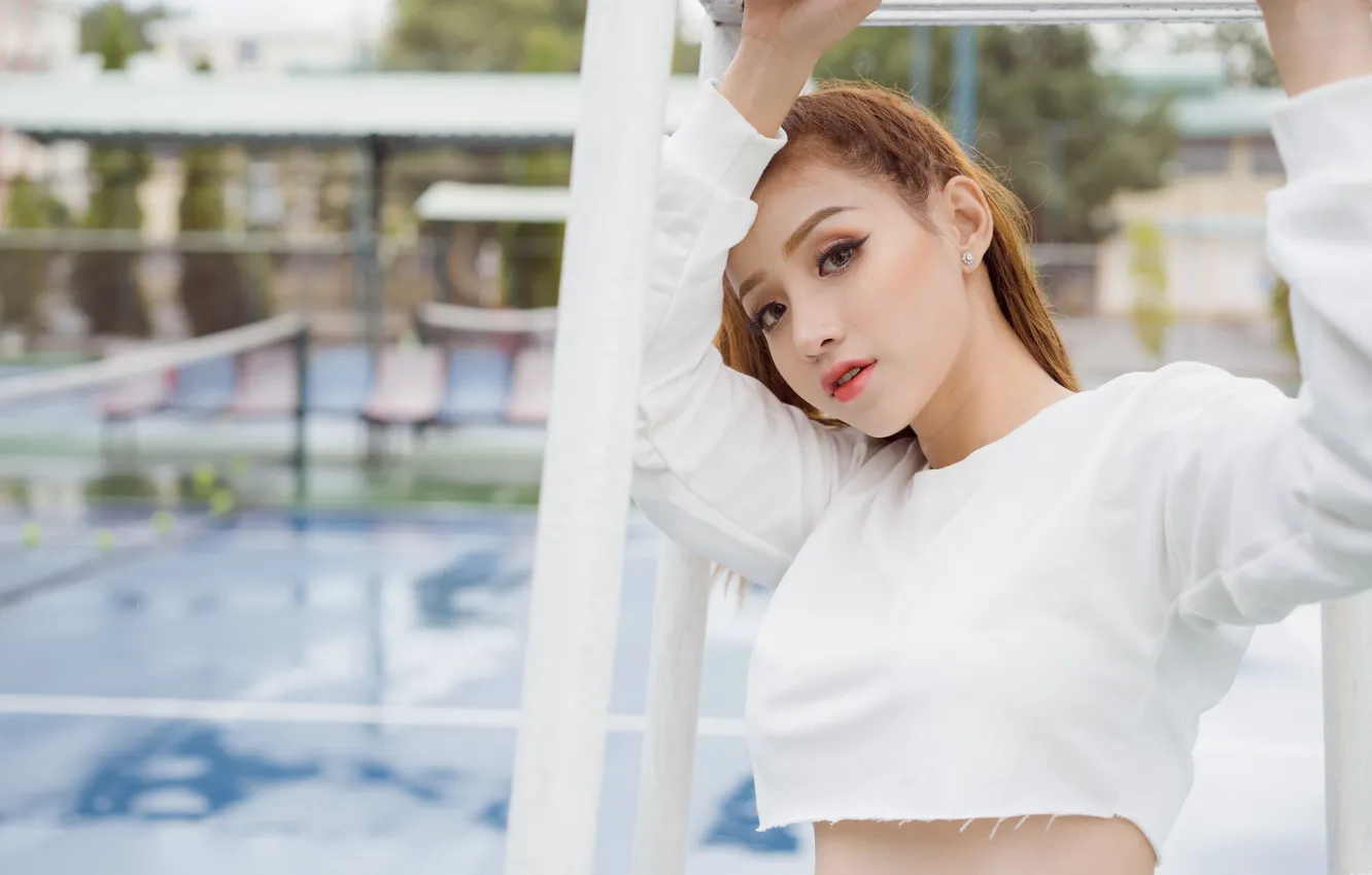 Photo wallpaper girl, long hair, brown hair, photo, model, bokeh, lips, brunette