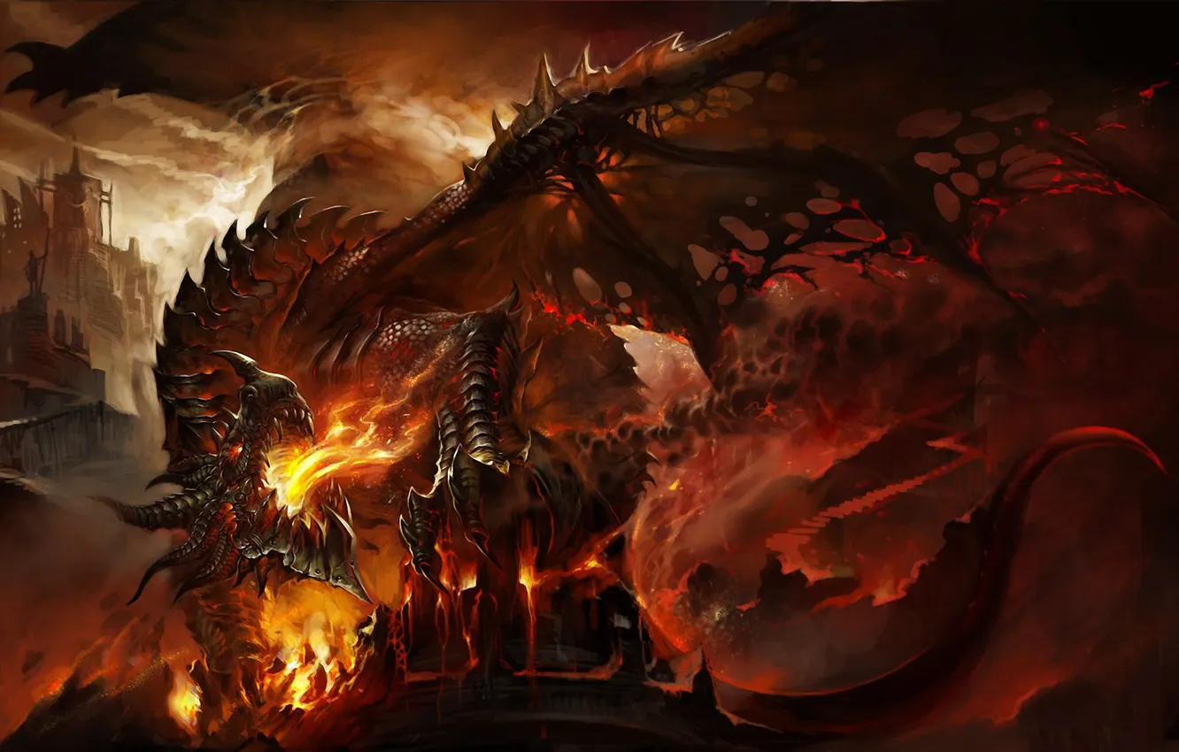 Photo wallpaper lights, dragon, tower, art, Dragon Age Inquisition