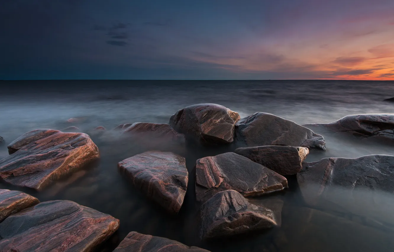 Photo wallpaper sea, sunset, stones, Sweden, Varmland, Takene