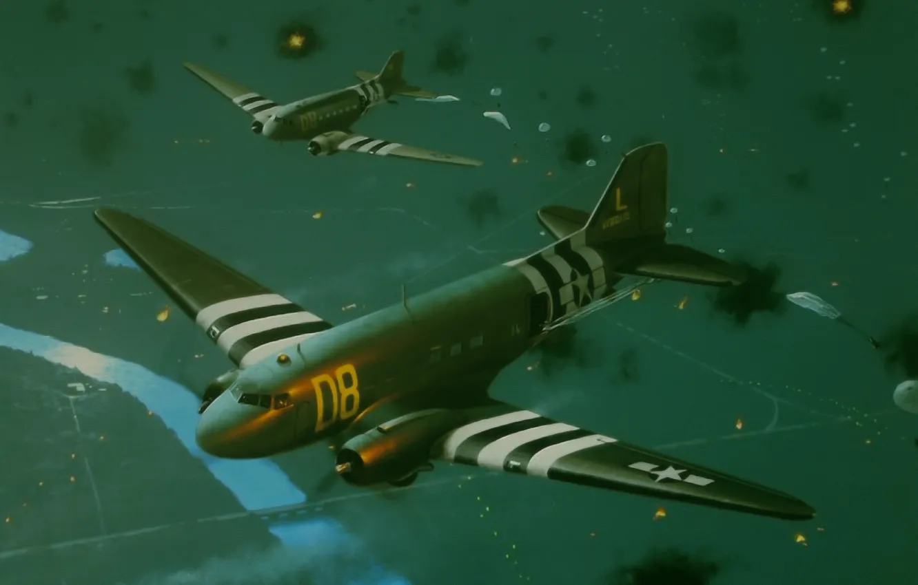 Photo wallpaper war, art, ww2, painting. drawing, d-day, airborne, c-47