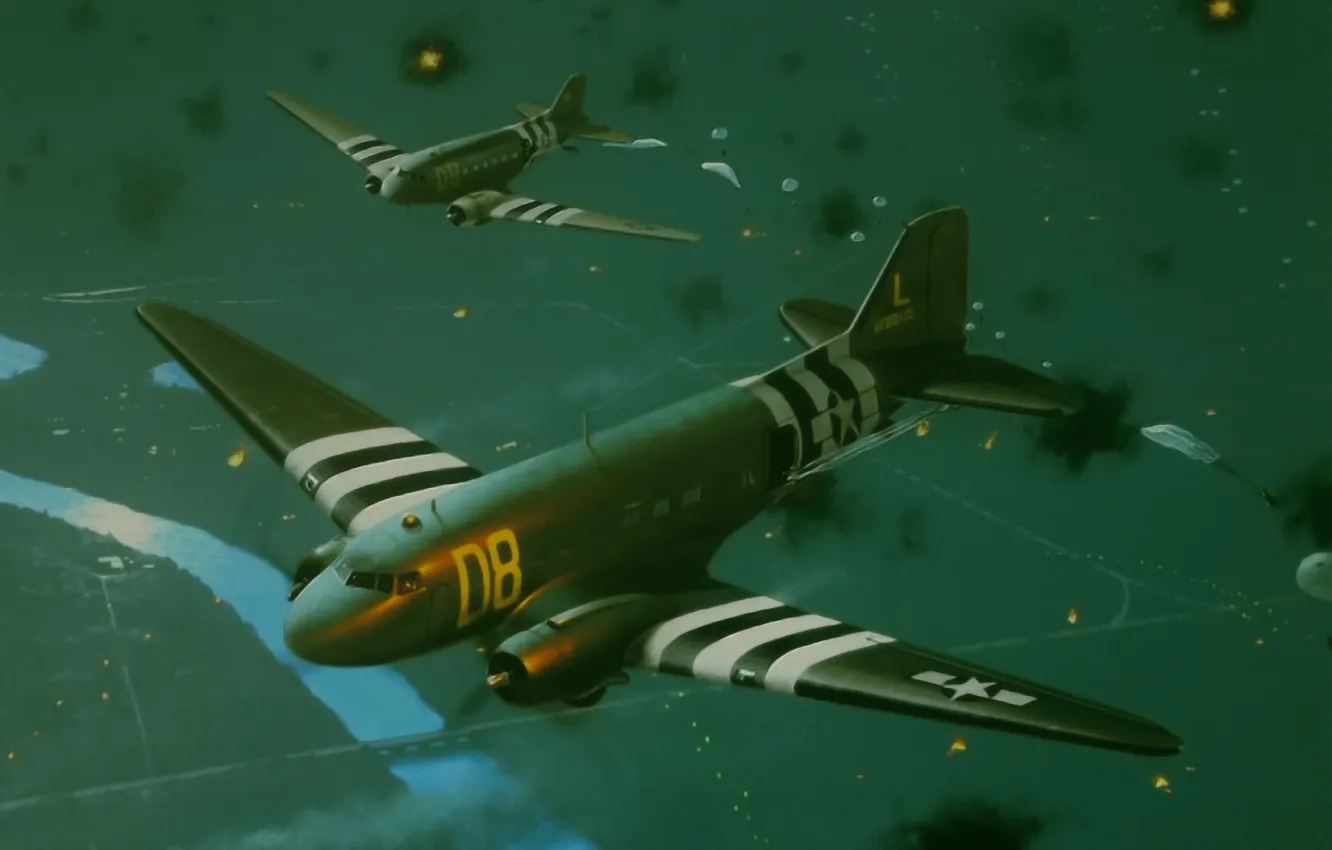 Photo wallpaper war, art, WW2, Airborne, painting. drawing, d-day, C-47