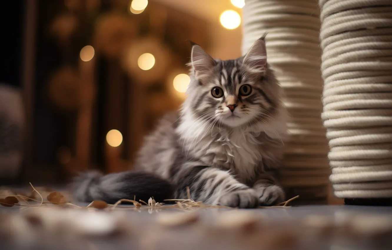 Photo wallpaper cat, look, pose, glare, rope, kitty, face, striped