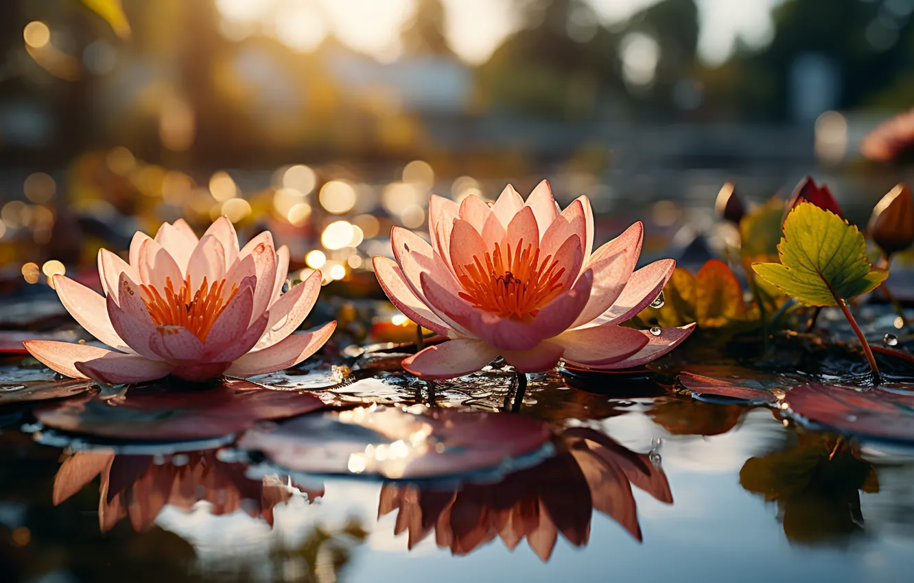 Photo wallpaper flower, flowers, lake, pond, Lotus, Lotus, pond, AI art