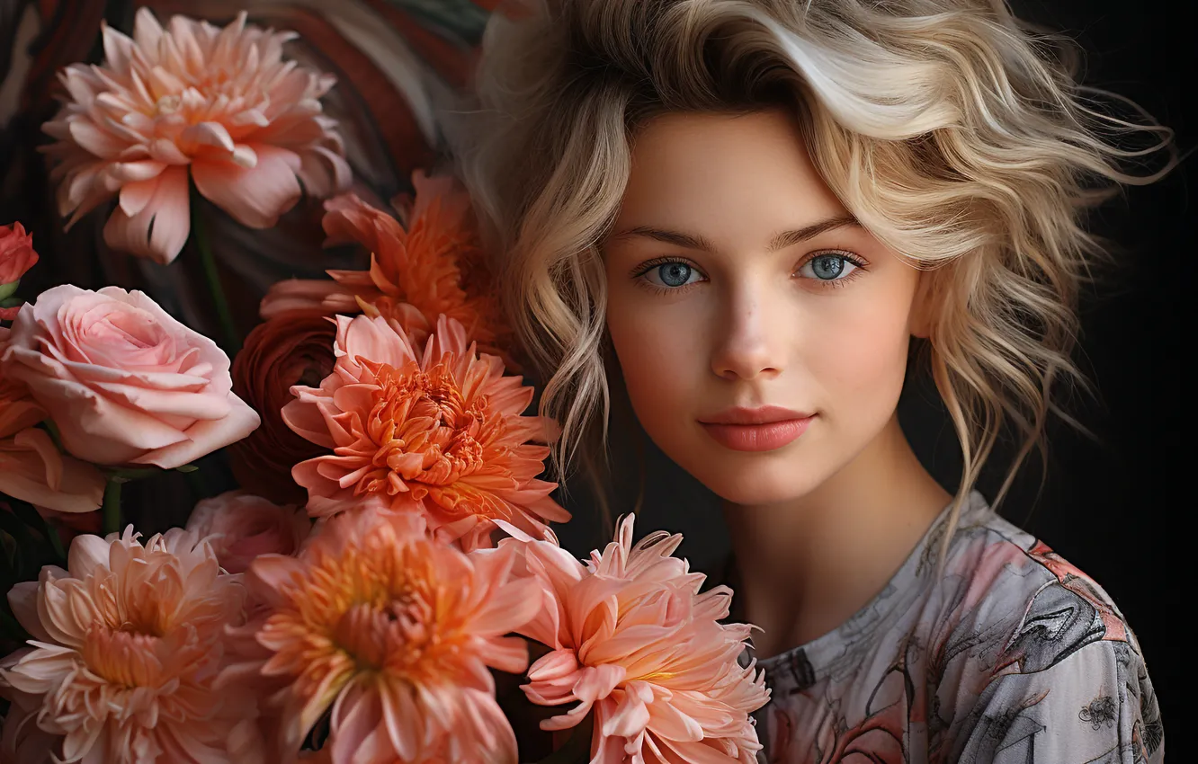 Photo wallpaper summer, look, girl, flowers, hair, blonde, beautiful, digital art