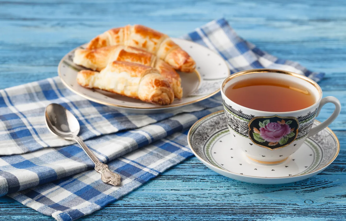 Photo wallpaper tea, cakes, croissant