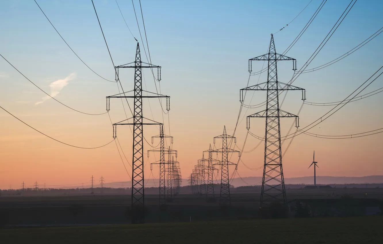 Photo wallpaper field, sunset, power lines